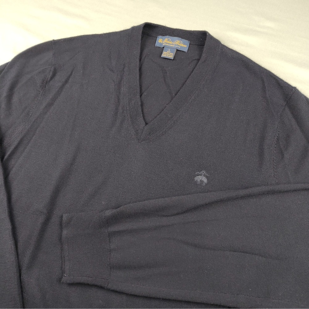 Brooks Brothers Sweater Mens L Black Merino Wool Blend V-Neck Pullover Logo Knit